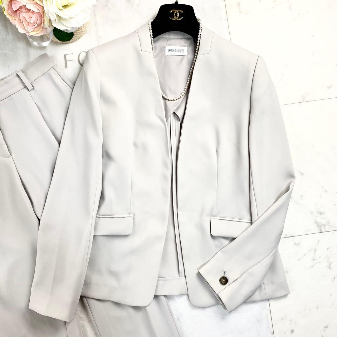 美品◇PLST パンツスーツセットアップ ノーカラージャケット ライト