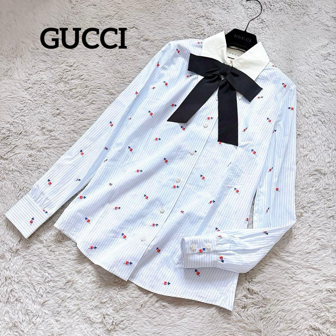 美品✨GUCCI ハート刺繍　リボン　ブラウス　シャツ　ロゴボタン　ストライプ 美品✨GUCCI ハート刺繍 リボン ブラウス シャツ ロゴボタン
