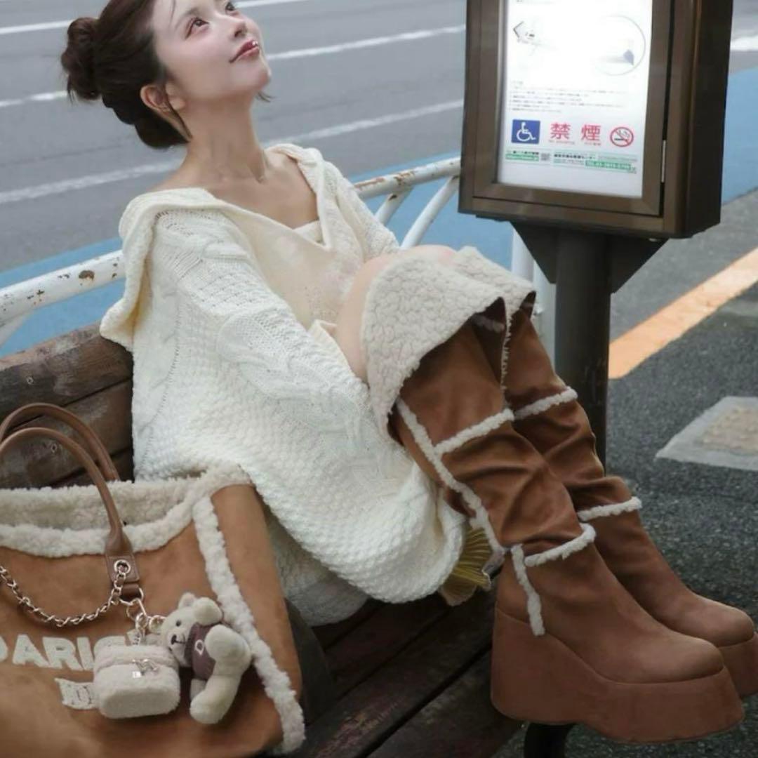 ショッパー付】Darich♡フェイクムートンニーハイブーツ♡キャメル♡M