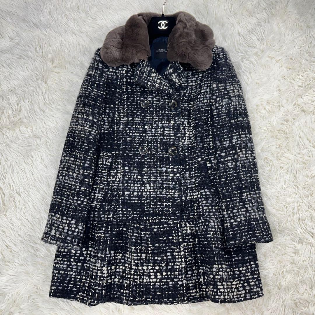 美品✨マックスマーラ 2WAY ツイード ファーコート ペプラム モヘア混 エリーザ] ピュア ヴァージンウール ダブルフェイス コート, medium