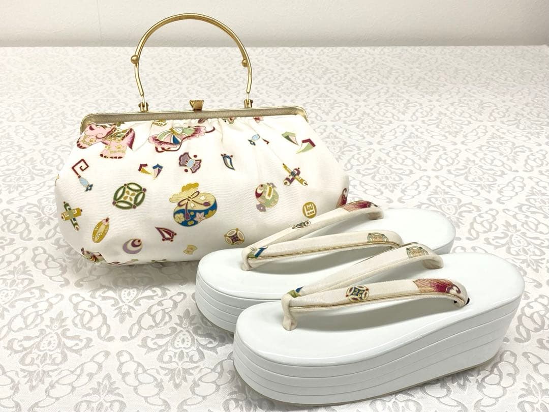 豪華ビーズパール刺繍振袖バッグ草履セット西陣帯地 アイボリ-