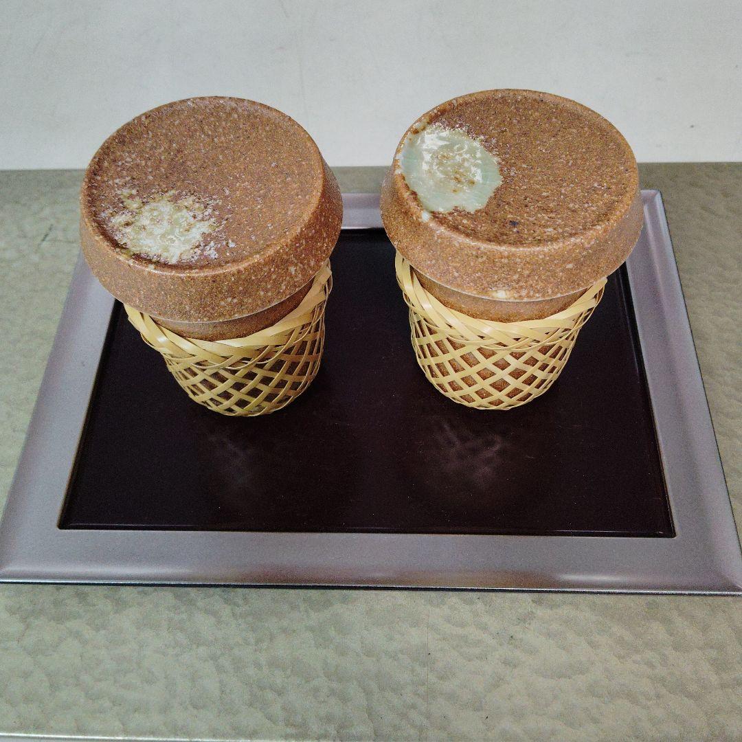 伊賀織部ひれ酒カップ4個、竹製カバー4個、新品、未使用、ひばり ヒレ酒カップ 竹製ハカマ付き 呉須ふぐ ひれ酒 陶器 日本酒 おしゃれ