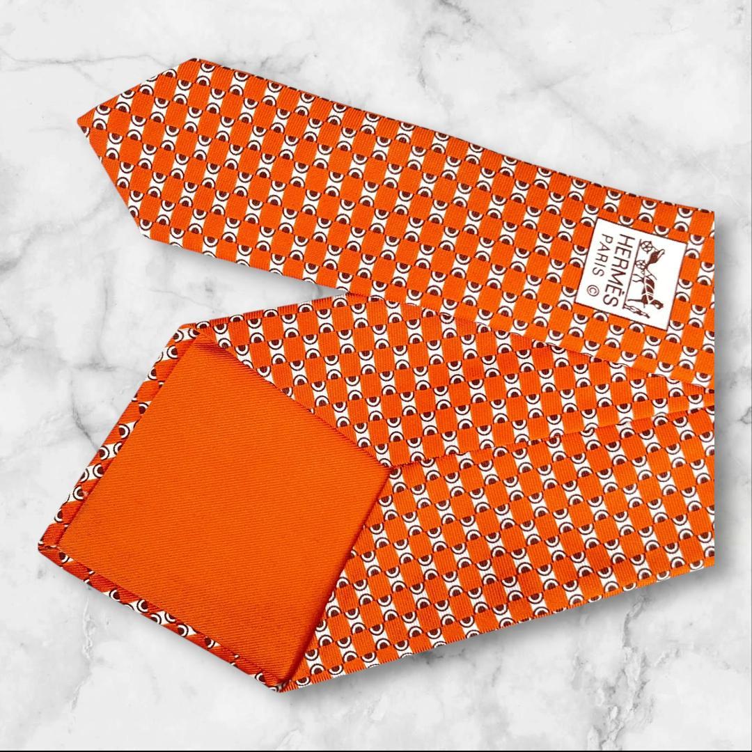 HERMES エルメス ネクタイ オレンジ 総柄 シルク100% フランス製