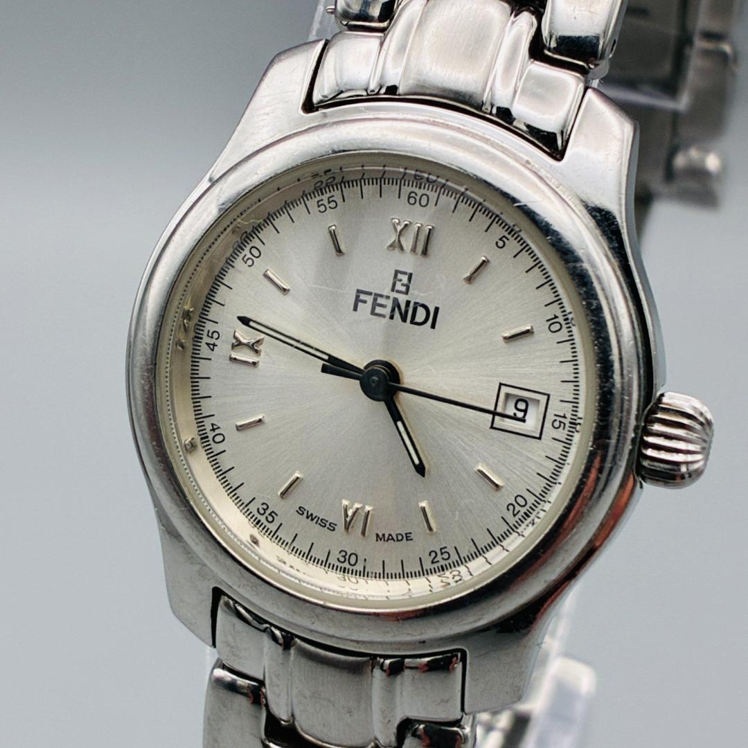 稼働品 FENDI 210L デイト クォーツ レディース 腕時計 シルバー