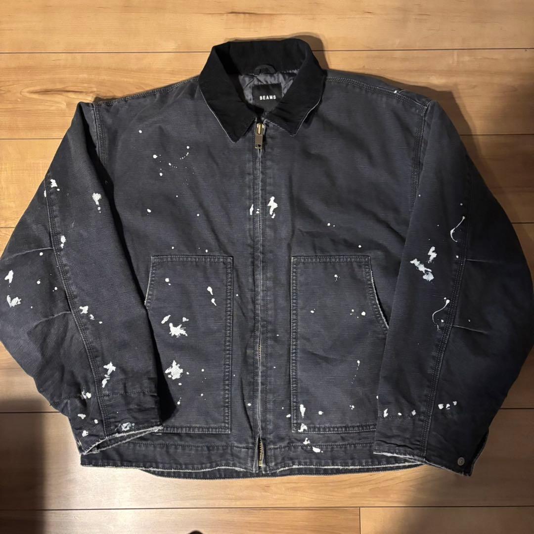 BEAMS ブラック ジャンパー Mサイズ BEAMS (BEAMS) Distressed Leather Zip Blouson [Wide Fit] (Blouson