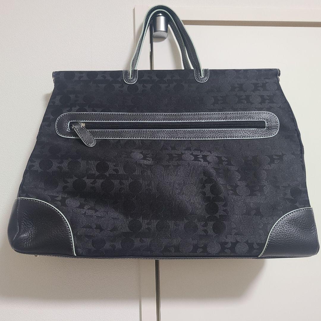 濱野 ハマノ 上品ブラック 総柄 トートバッグ 本革ハンドル 皇室御用達