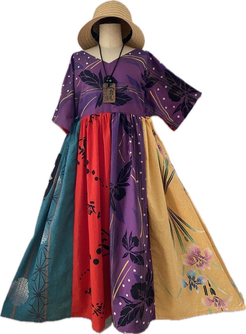 アジア風デザインのロングドレス浴衣リメイクワンピース 浴衣 ハンドメイド リメイク ワンピース ドレス 古着 和洋折衷 レトロ