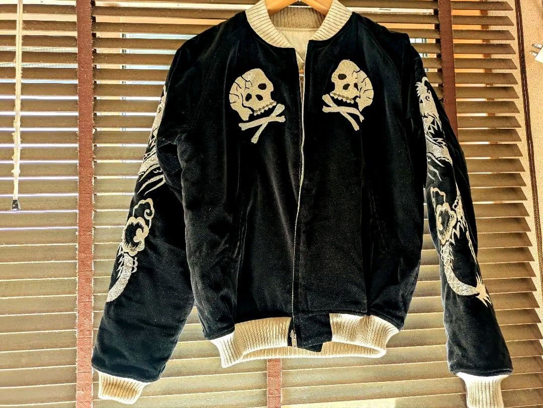 フラットヘッド 別珍 スカジャン ドクロ 龍 スカル リバーシブル 黒