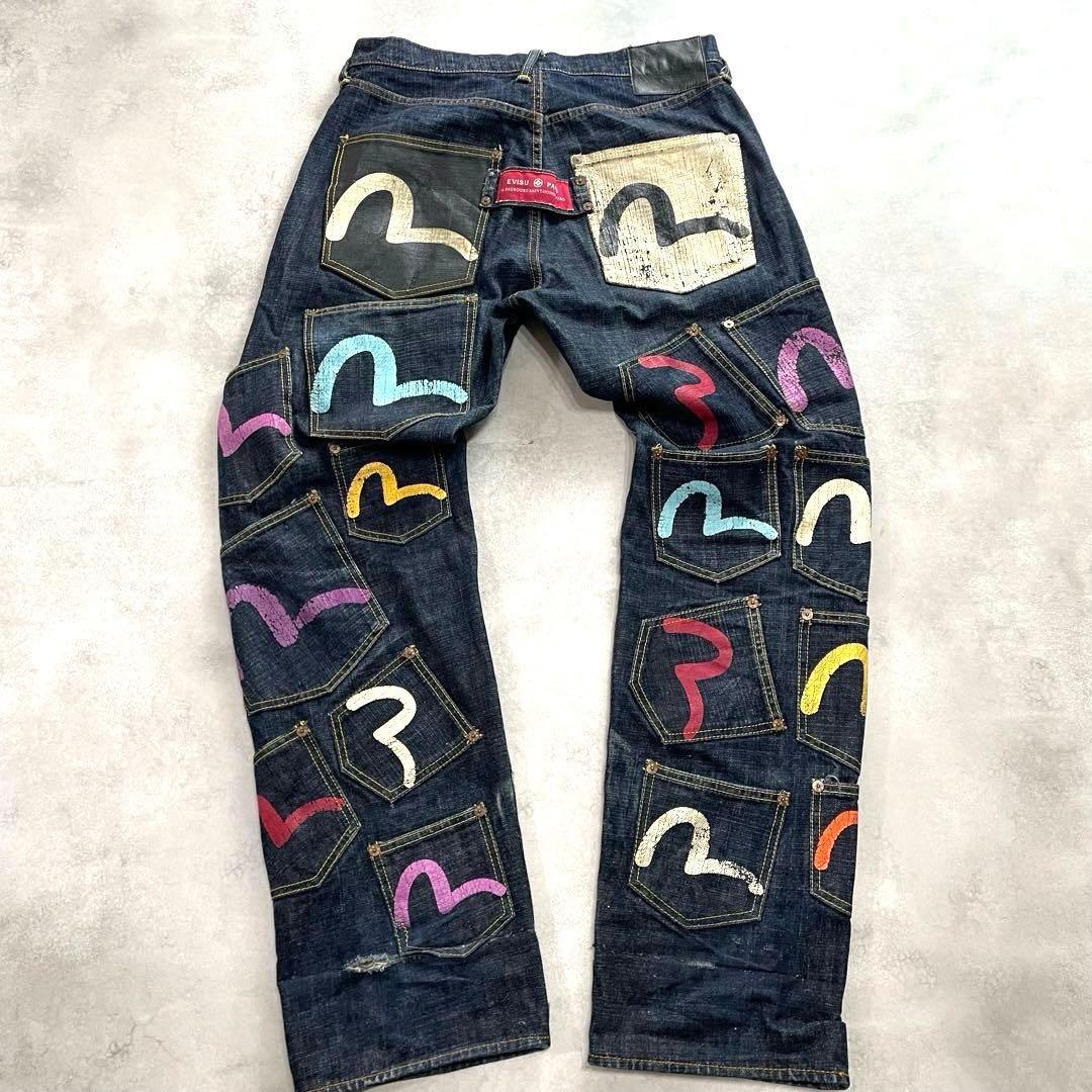 EVISU W34!! 希少/刺繍 メニーポケット 赤耳 エヴィス インディゴ