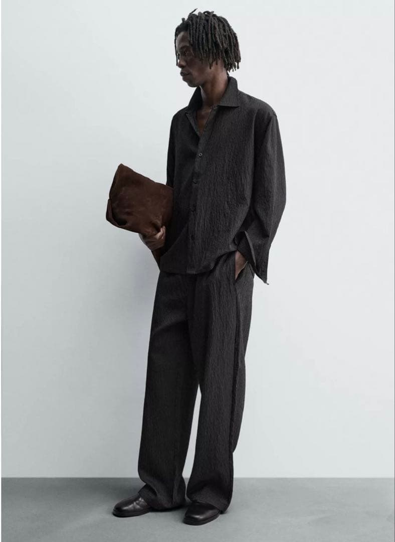 新品】ZARA ストライプ柄フルイドシャツ ブラック S - メルカリ