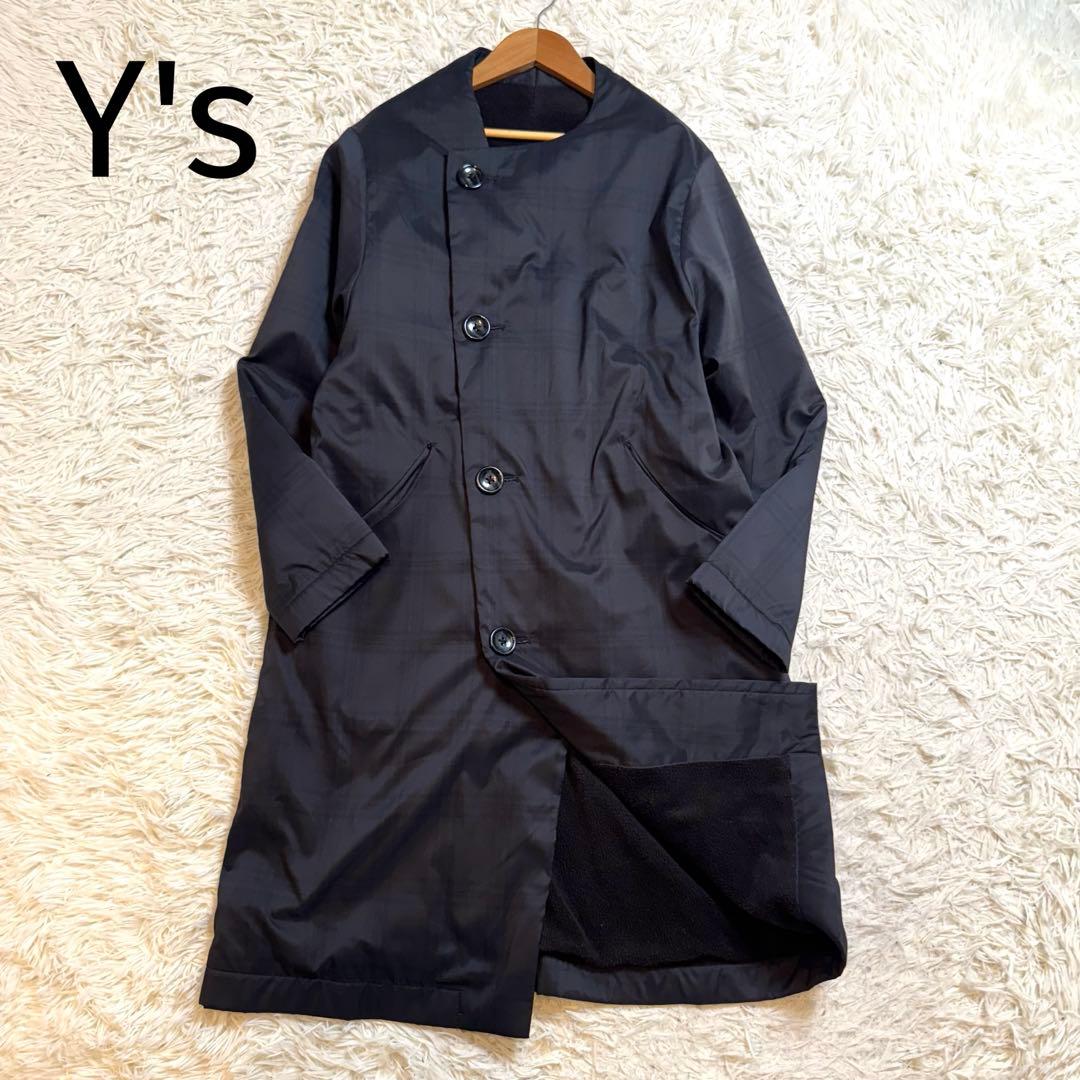 Y's　ヨウジヤマモト　ノーカラーコート　アシンメトリー　チェック　黒　M相当 Y's - 美品 ワイズ Y's Yohji Yamamoto コート ロングコート