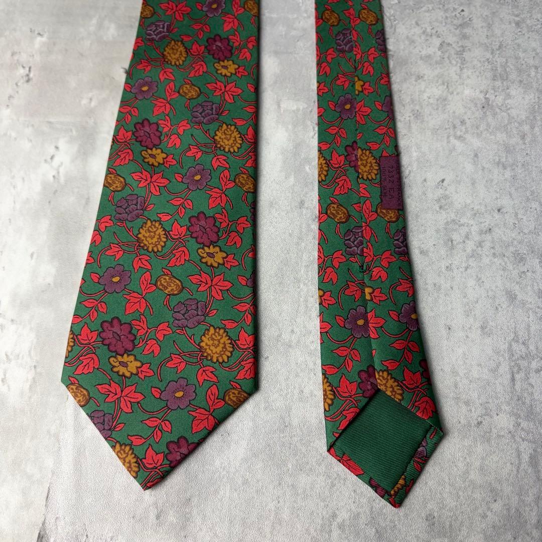 美品 HERMES エルメス 花柄 フラワー 植物柄 ネクタイ グリーン 緑