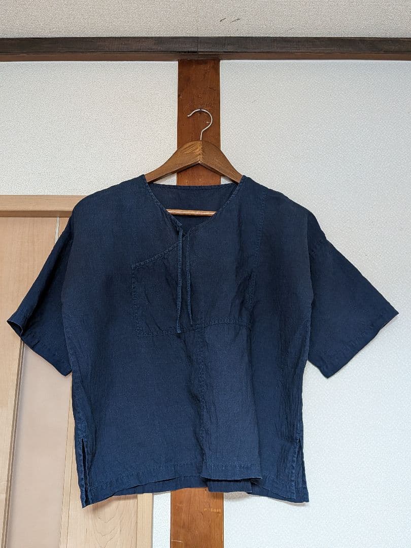 えみおわす 藍染め 半袖ポケットシャツ 麻 藍染めのポケットワンピース｜えみおわす