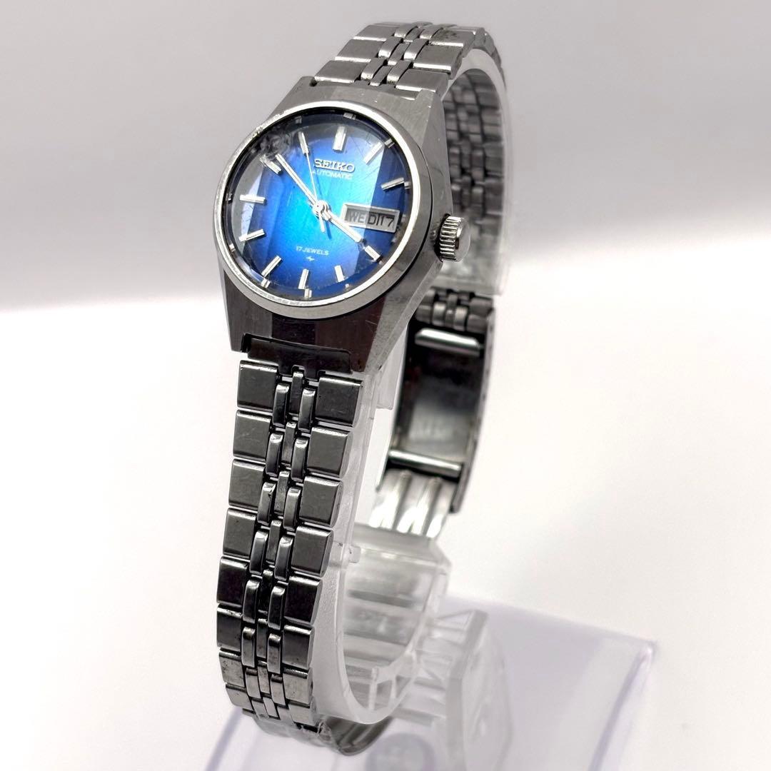 SEIKO 自動巻き カットガラス デイデイト 青文字盤 レディース 稼働品