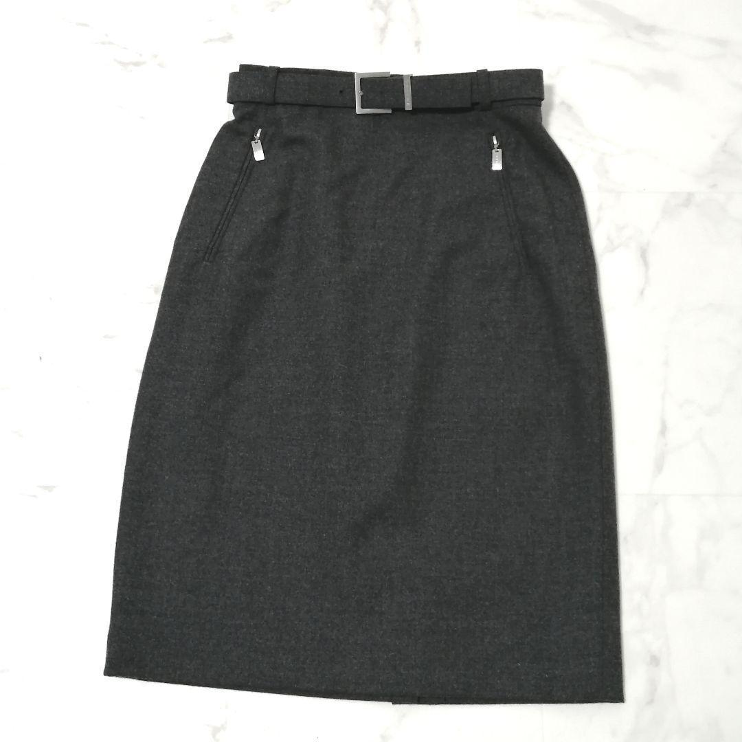 美品✨ セリーヌ 膝丈 ウールスカート ロゴベルト 灰 36 美シルエット