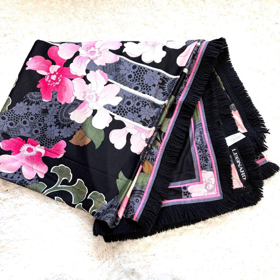 ✨美品✨ レオナール シルク ウール ストール ショール 花柄 フラワー 黒 ストール レディース エレガントな花柄刺繍ウール大判ストール