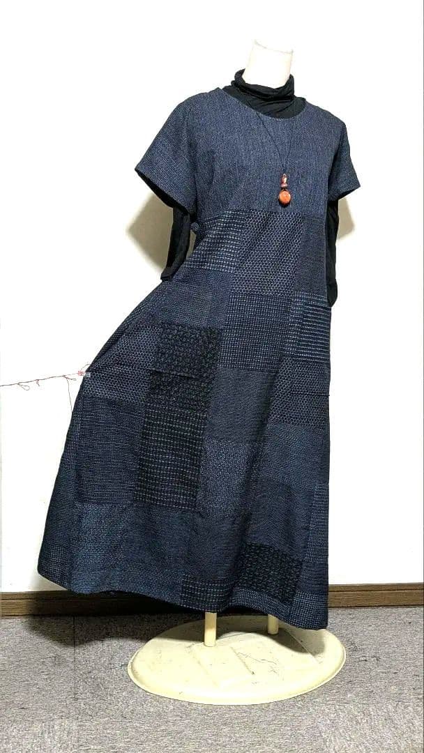 書生紬　藍染古布の着物リメイクロングワンピース　B 12 楽天市場】【古布リメイクAラインワンピース】当店オリジナルロング