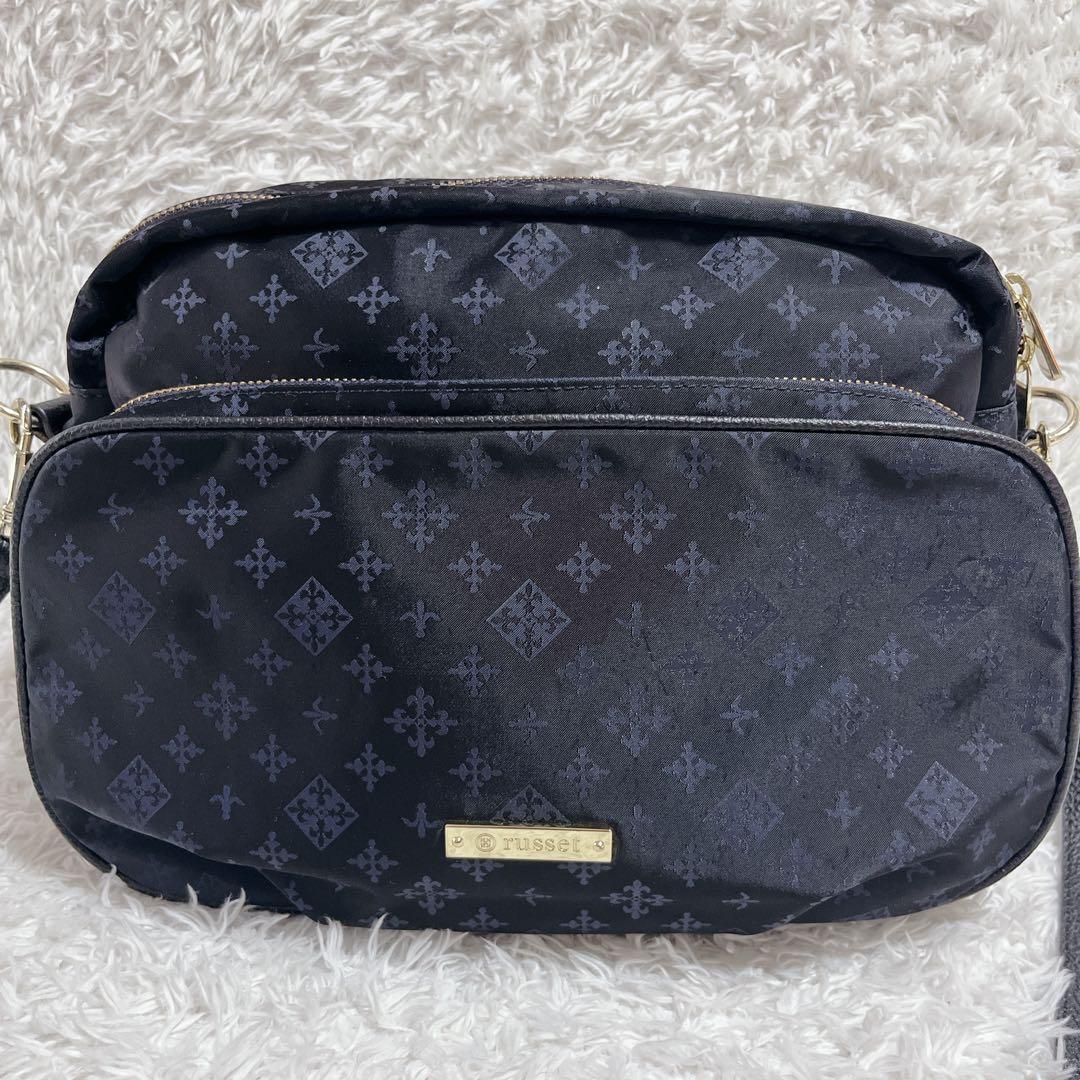 未使用品✨russet ショルダーバッグ モノグラム 総柄 紺 ロゴ金具 保存