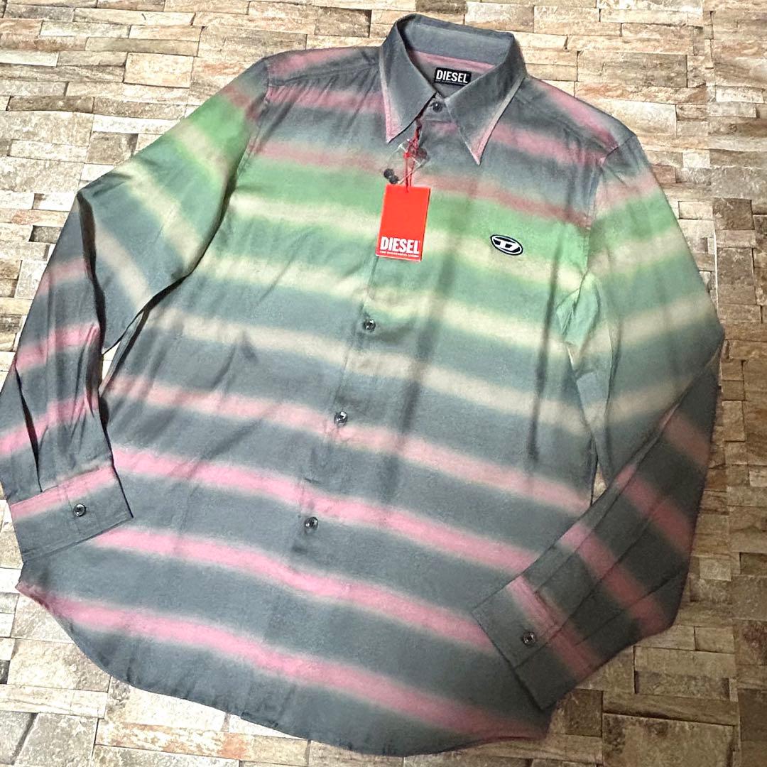 【新品】DIESEL／オーバルD刺繍ロゴパッチ グラデーションシャツ M DIESEL (ディーゼル) オーバルDロゴ刺繍 ストライプ柄 レギュラー
