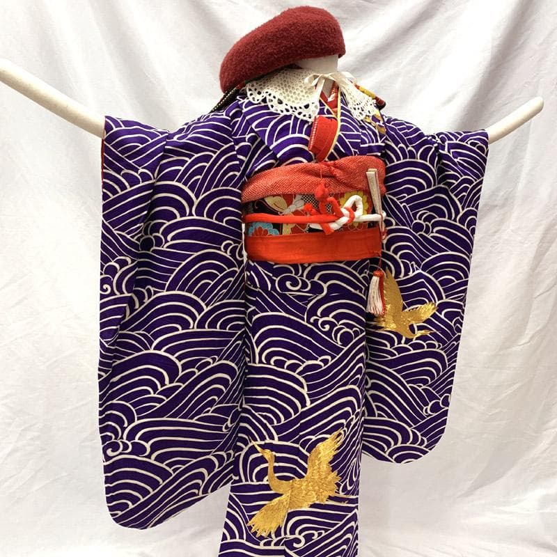 602ag41□七五三 七歳 女児 着物&丸帯&長襦袢 金駒刺繍 鶴□状態良好