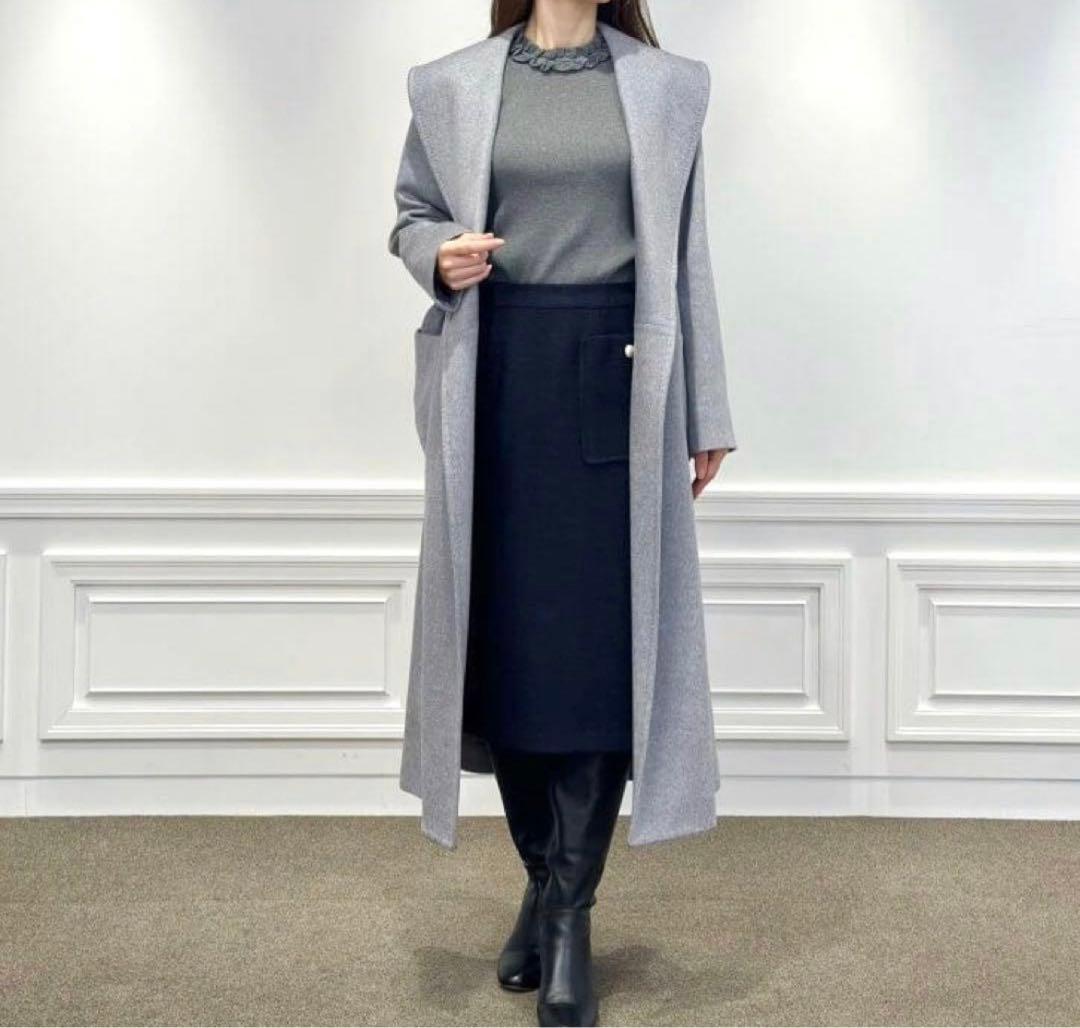 新品 エムプルミエブラック カシミヤベルテッドショールカラーロング
