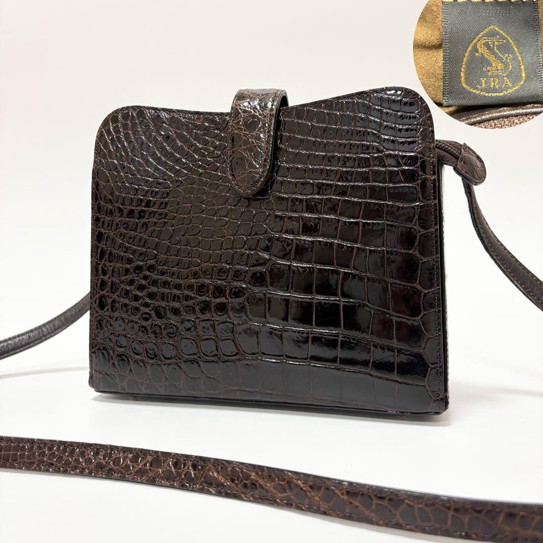 美品　リアル　シャイニング　クロコダイル　ショルダーバッグ　サコッシュ　ブラウン シャムネス クロコダイル ショルダーポーチ サコッシュ ショルダー