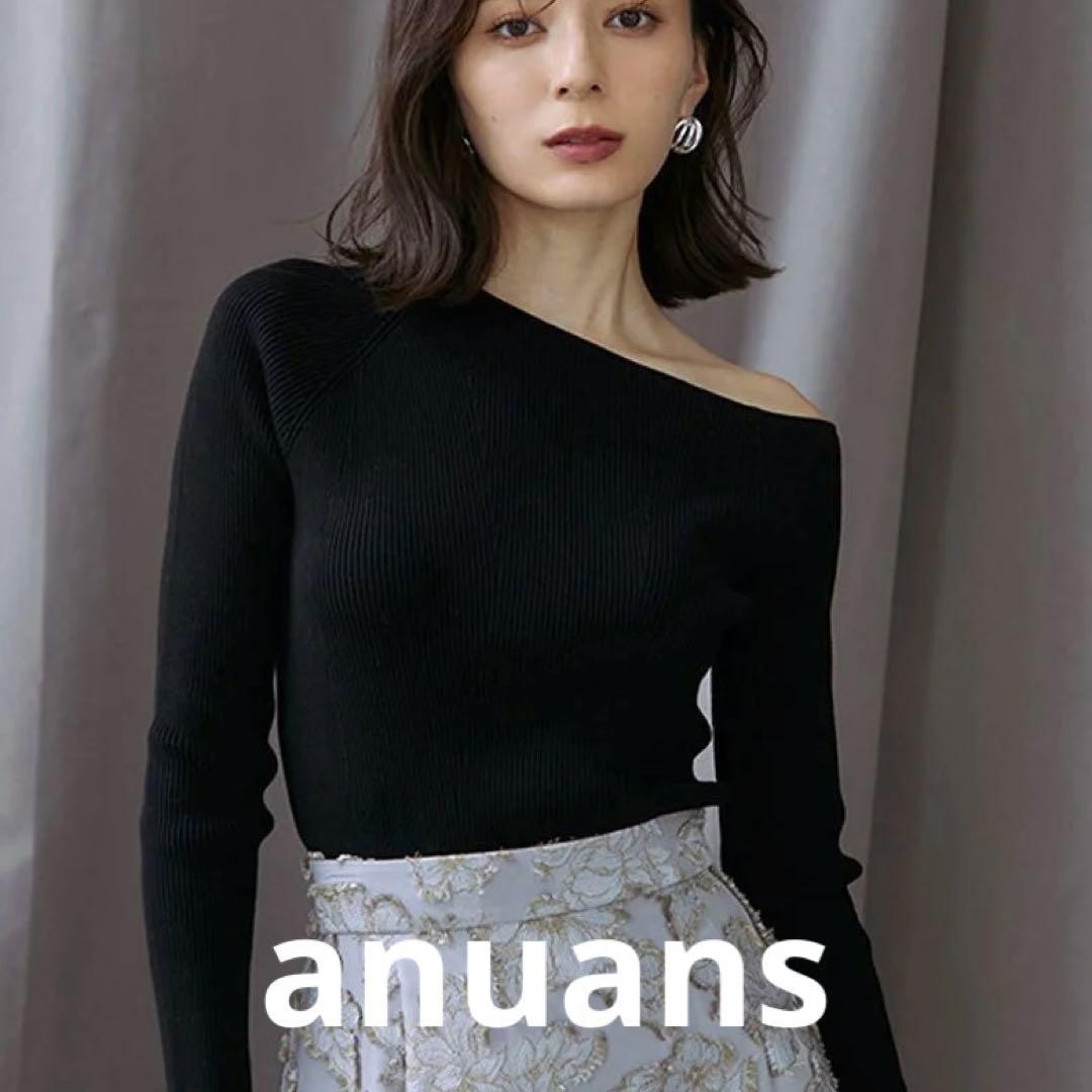 美品★anuans アシメネックリブニットプルオーバー ブラック アニュアンス アニュアンス anuans アシメネックリブニットプルオーバー （BEIGE