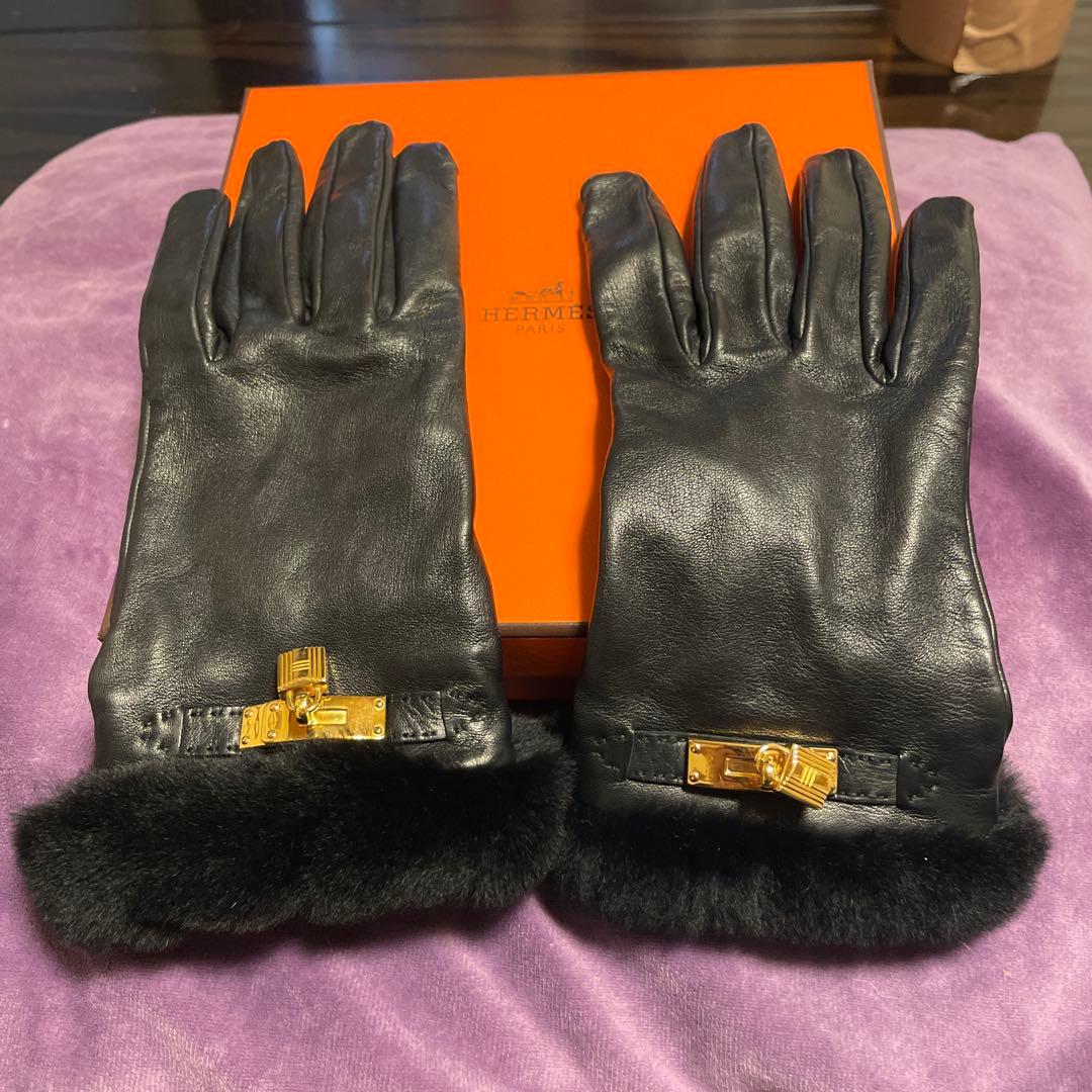 HERMES ラムスキン ファーケリーカデナグローブ手袋ブラック 7.5 HERMES ラムスキン ファーケリーカデナグローブ手袋ブラック 7.5