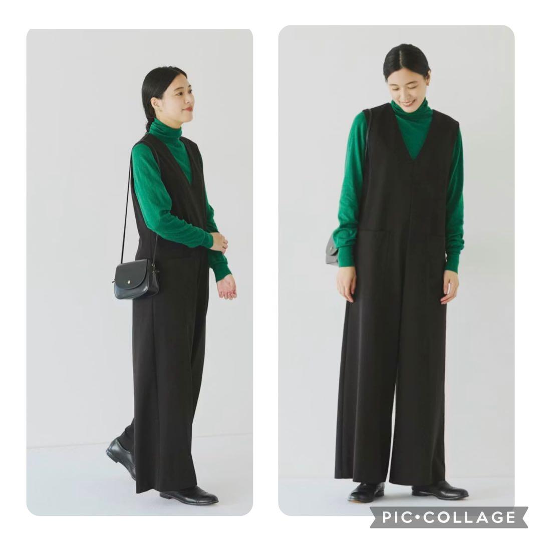 「気軽に着られて、きれい見え」ポンチ素材のオールインワン　黒　Sサイズ 気軽に着られて、きれい見え」ポンチ素材のオールインワン - 北欧