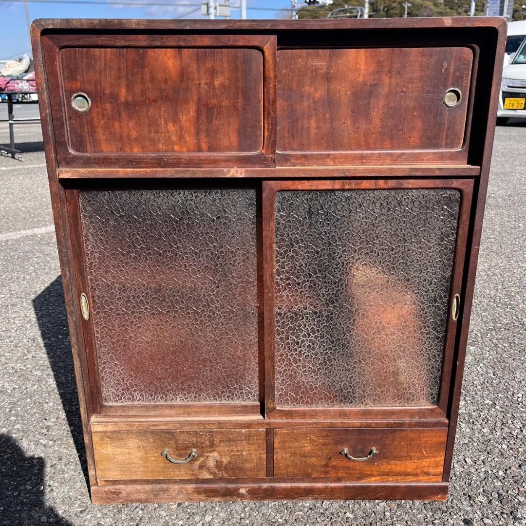 K◇ 茶箪笥 茶棚 無垢材 すり硝子 アンティーク ヴィンテージ 古家具 古民家 中古品 】和製ヴィンテージ 昭和レトロ 箪笥 和家具 水屋箪笥 飾り棚