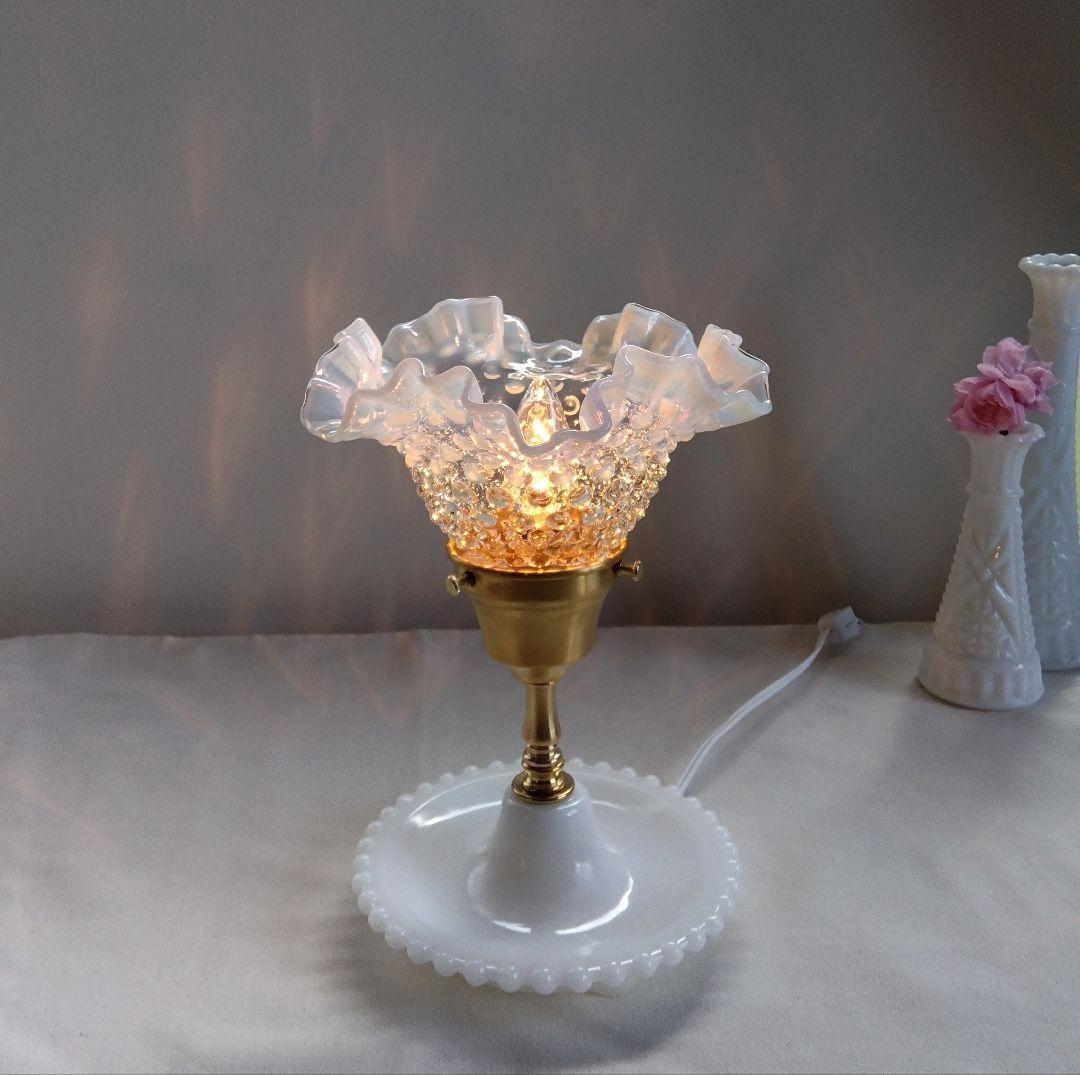 ☆美☆フェントン フレンチ オパールセント テーブルランプ レア! オールドフェントンFenton ブルーオパールセントホブネイルガラス