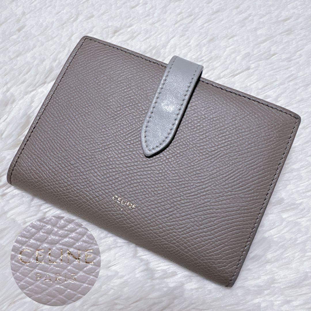 ♡美品♡セリーヌ 二つ折り財布 ミディアム ストラップ ウォレット ロゴ グレー セリーヌミディアム ストラップウォレット グレー/ピンク ゴールド金具