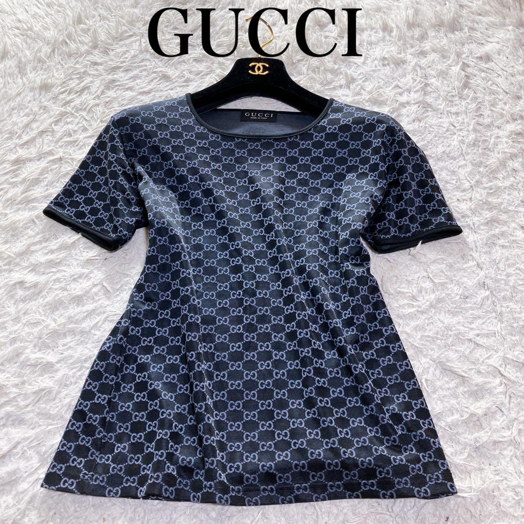 グッチ イタリア製 良品 GG柄 総柄 クルーネック カットソー ブラック GUCCI (グッチ) シルク100％ ダミエジャガード 総柄 ネクタイ
