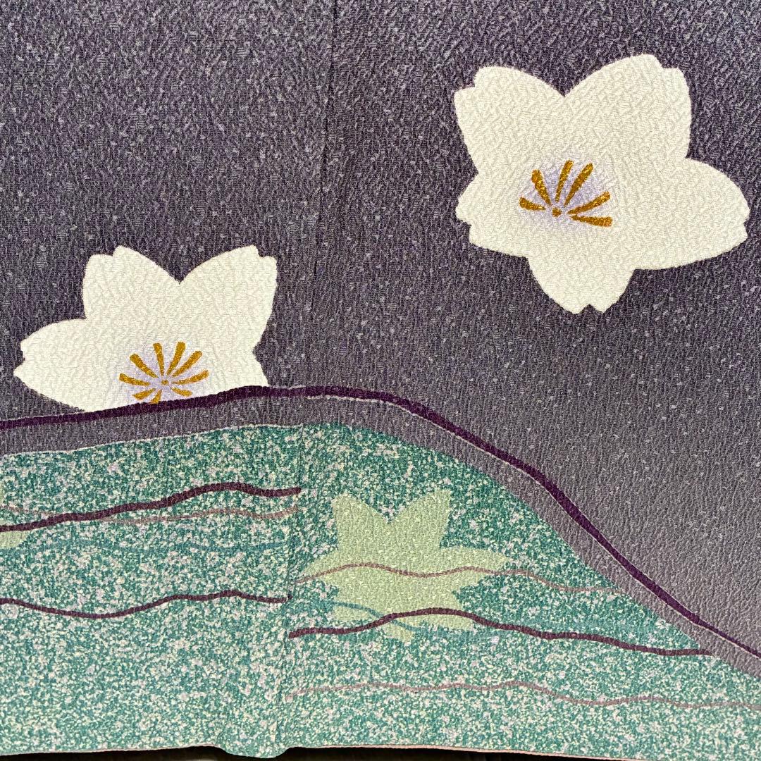D416 訪問着 桜 螺鈿細工 グレー 正絹 着物 袷 パールトーン加工 極美