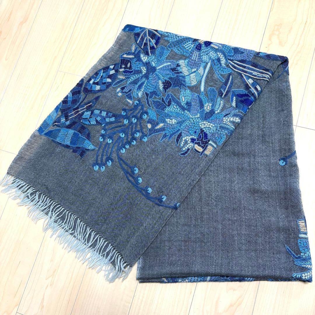 大判ストール 刺繍 シルク混 ブルー フリンジ付き dinos（ディノス） カシミヤ 四方フリンジ ストール ストール スカーフ