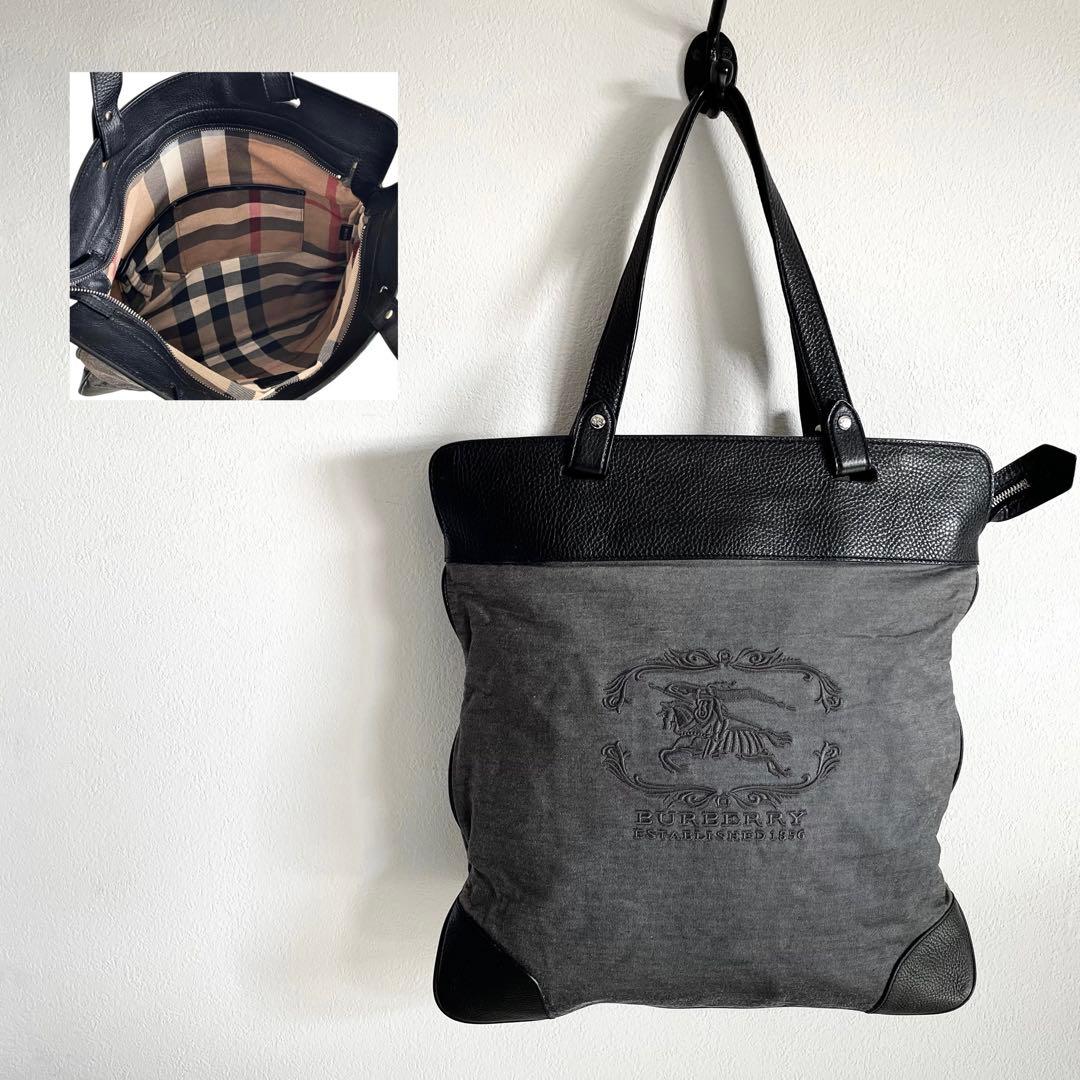 かい様わ専用バーバリー トートバッグ ホースロゴ 刺繍 ノバチェック グレー 黒 BURBERRY バーバリー ノバチェック ハンドバッグ 本革 レザー
