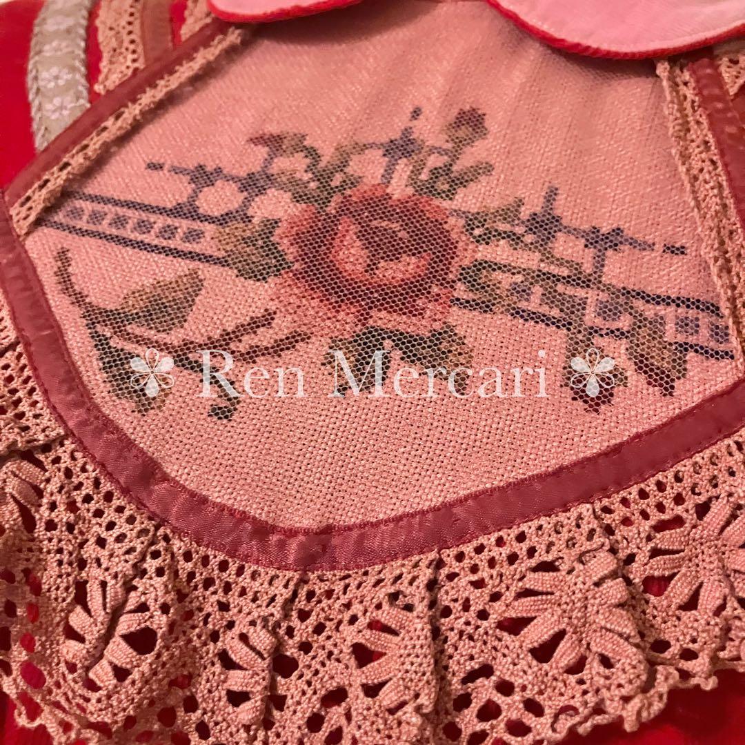 ストロベリーレッド コーデュロイ お花刺繍のチュールヨークワンピース