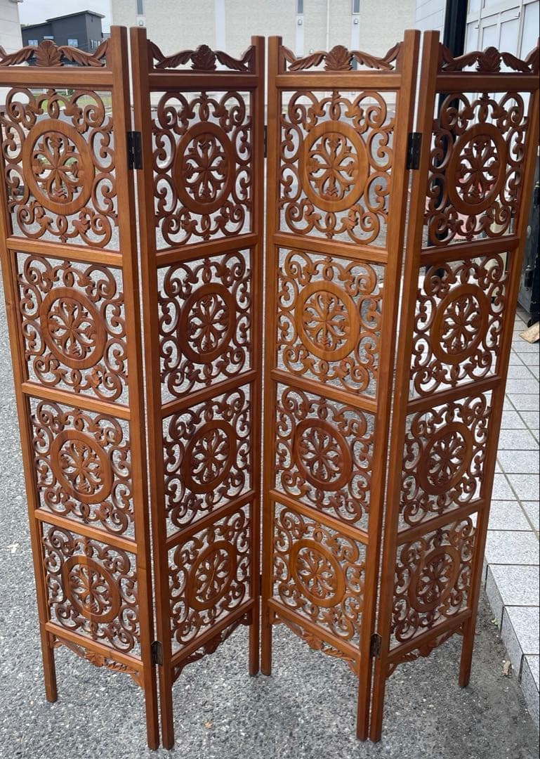 希少 アンティーク木製　 衝立　折りたたみ式　4連　アンティーク　透し彫り パーテーション パーティション 衝立 ついたて アンティーク 3連