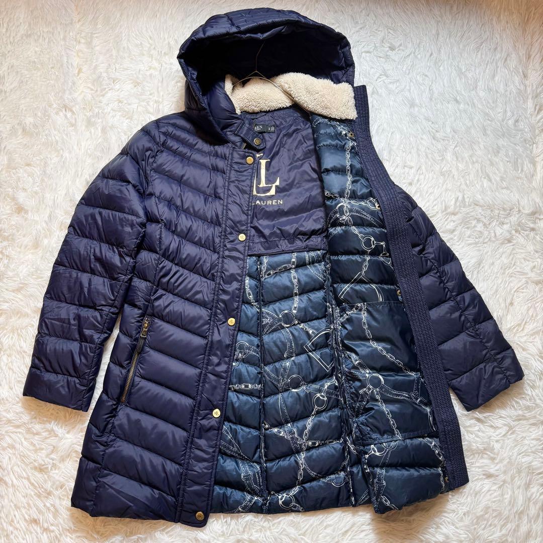 美品 ローレンラルフローレン フード付きダウンコート ネイビー くさり