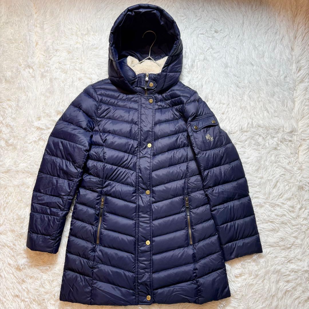美品 ローレンラルフローレン フード付きダウンコート ネイビー くさり