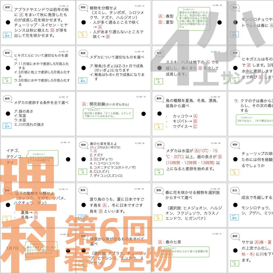 中学受験 暗記カード【4年上 理科 全セット 1-19回】組分けテスト対策