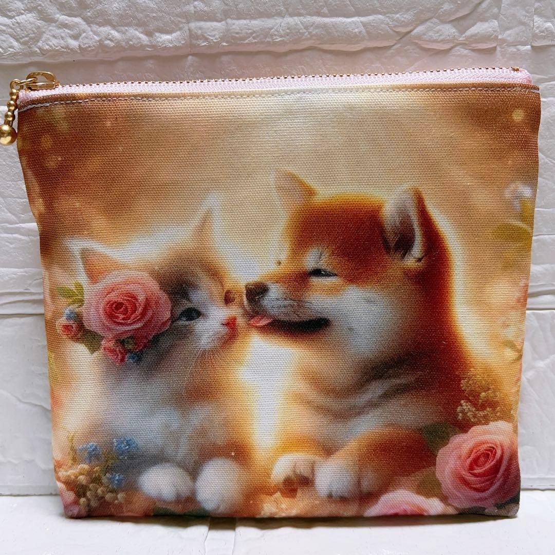 フラットポーチ ハンドメイド 犬柄 柴犬君と子猫ちゃん② 両面パネル