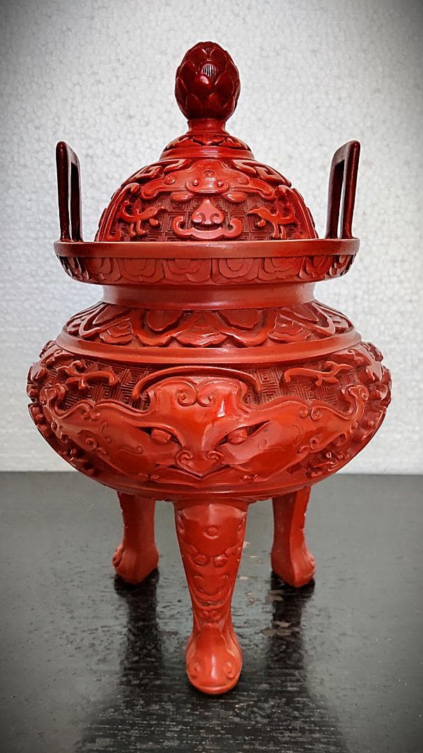 中国古玩　堆朱　ついしゅ　香炉 香炉/香器『高岡銅器【鳳寿獅子蓋香炉/古手色】銅製[空焚き用]』竹中