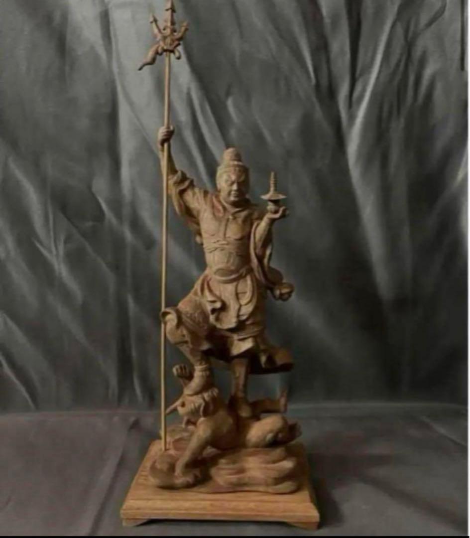 仏教工芸品　総楠製　井波彫刻　極上彫　木彫仏像　毘沙門天立像 Yahoo!オークション - 大型57cm仏教工芸品 総楠製 井波彫刻 極上彫 木