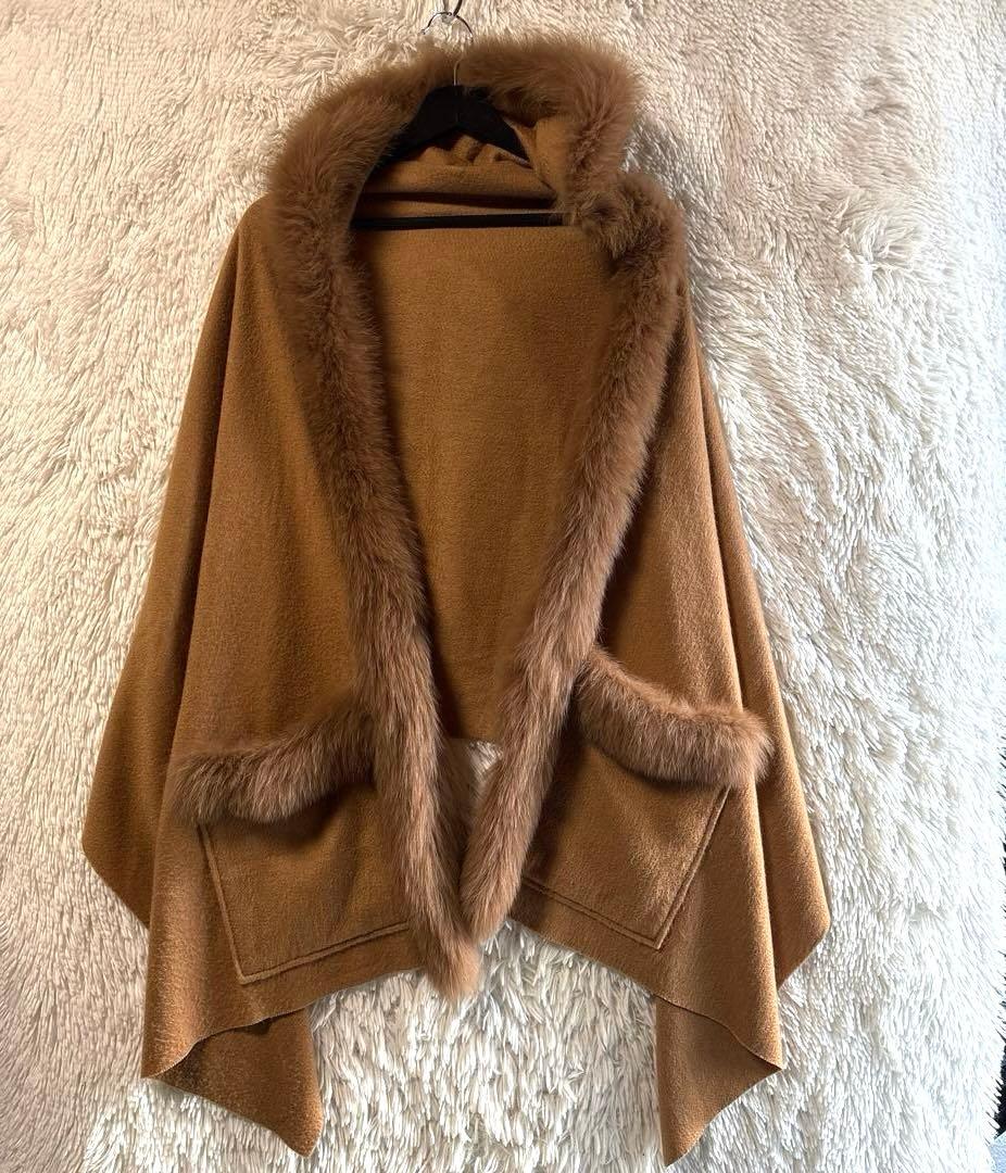 専用　 カシミア✨ダイアグラム　フォックスファー　ポンチョ　ケープ　ストール　茶 Merfirge 爆買 ポンチョ ケープ カシミヤ ウール SAGA フォックス