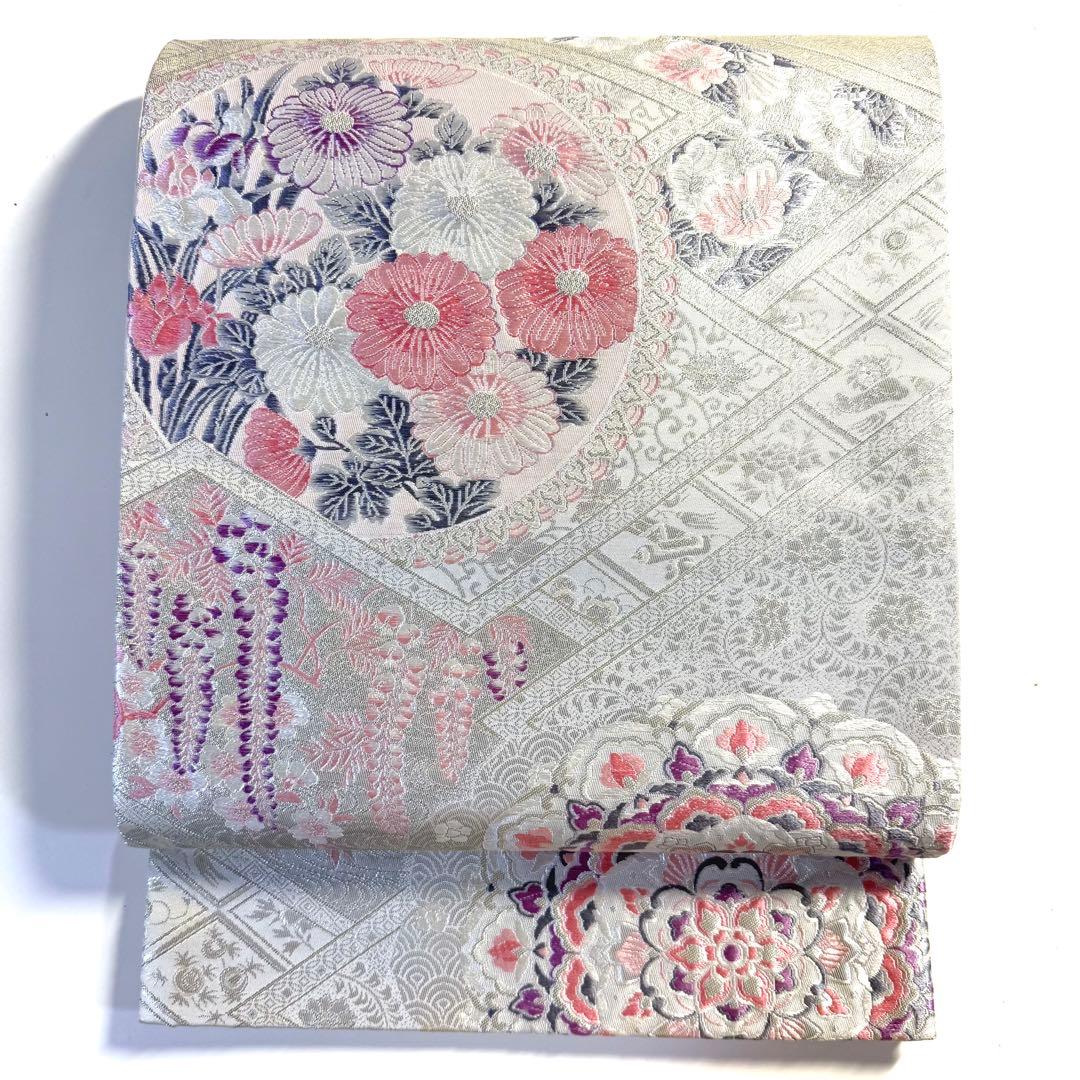 5k2780 袋帯　絹　唐織　プラチナ箔　正倉院文様　華文　銀色　白　ピンク　紫 5k2789 袋帯 絹 西陣織 正倉院文様 華文 銀色 白 ピンク グレー 花柄