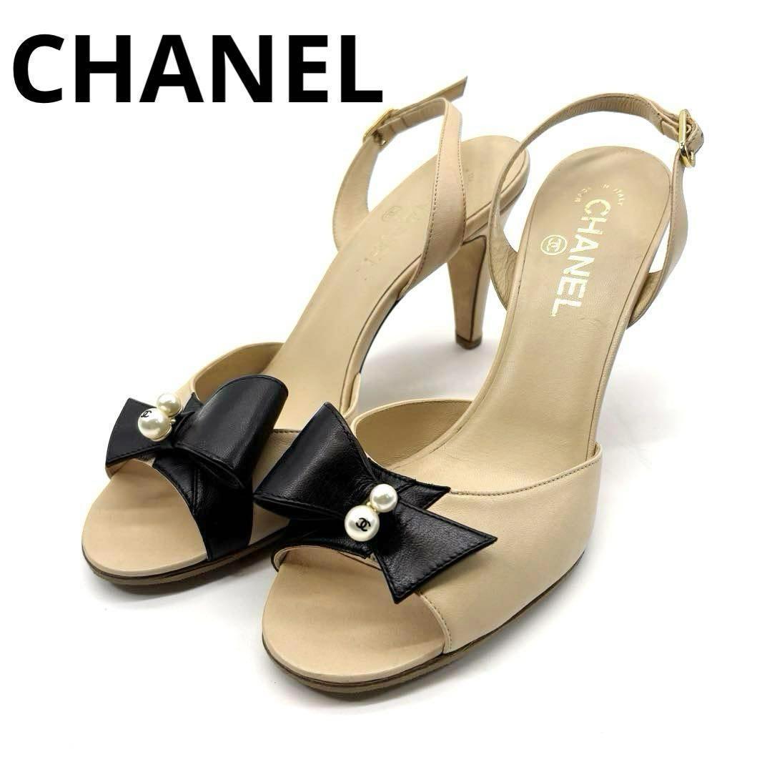 【約24.5cm】シャネル リボンサンダル バックストラップ ココマーク5Q3 CHANEL（シャネル） 美品 G39820 ココマーク ラインストーン リボン