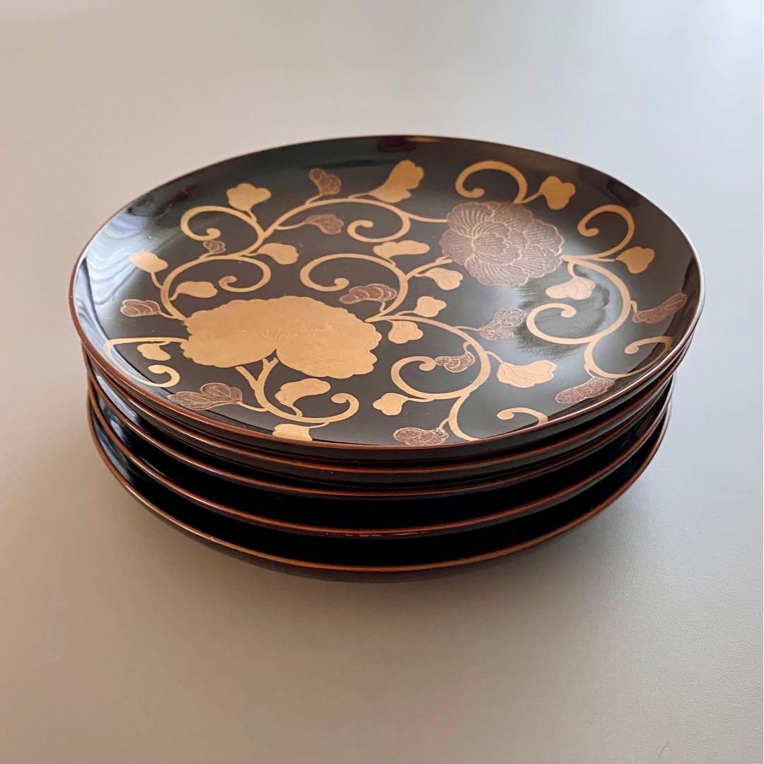 時代 輪島塗 【牡丹唐草金蒔絵銘々皿5客組】 菓子皿 天然木 漆