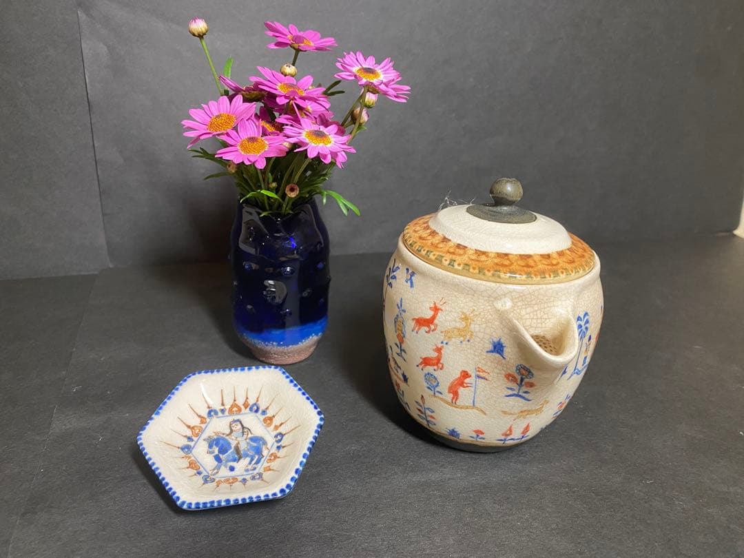 升たか 色絵百鹿紋 ポット小 ペルシャ柄小皿付 升 たか 展』”ラベル” | 大阪のうつわ屋 Meetdish