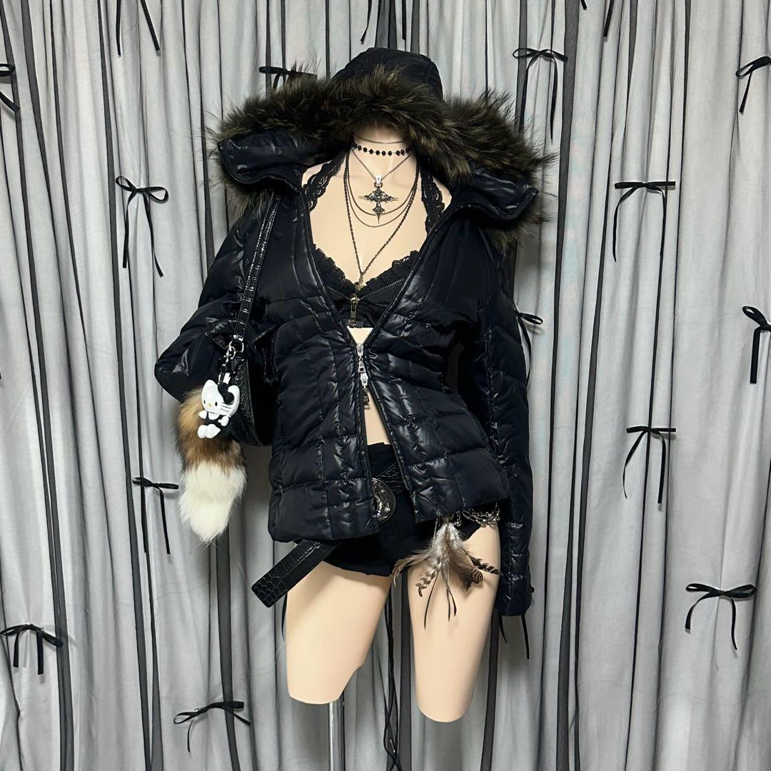 平成ギャル y2k 光沢 リアルファー付きダウン 黒 ダークコア お兄系